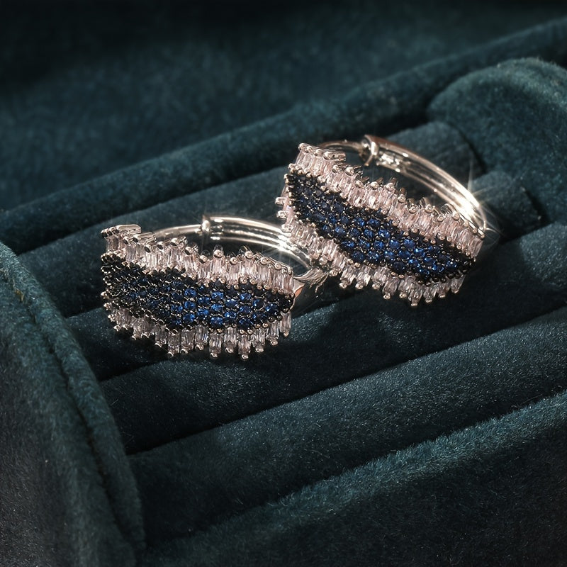 Elegant Vintage Boho Hoop Earrings with Square Synthetic Zirconia Wrap and Blue Cubic Zirconia Accents, 925 Silver Plated Copper, Perfect for Christmas, Daily Wear and Special Occasions - Gift-Ready