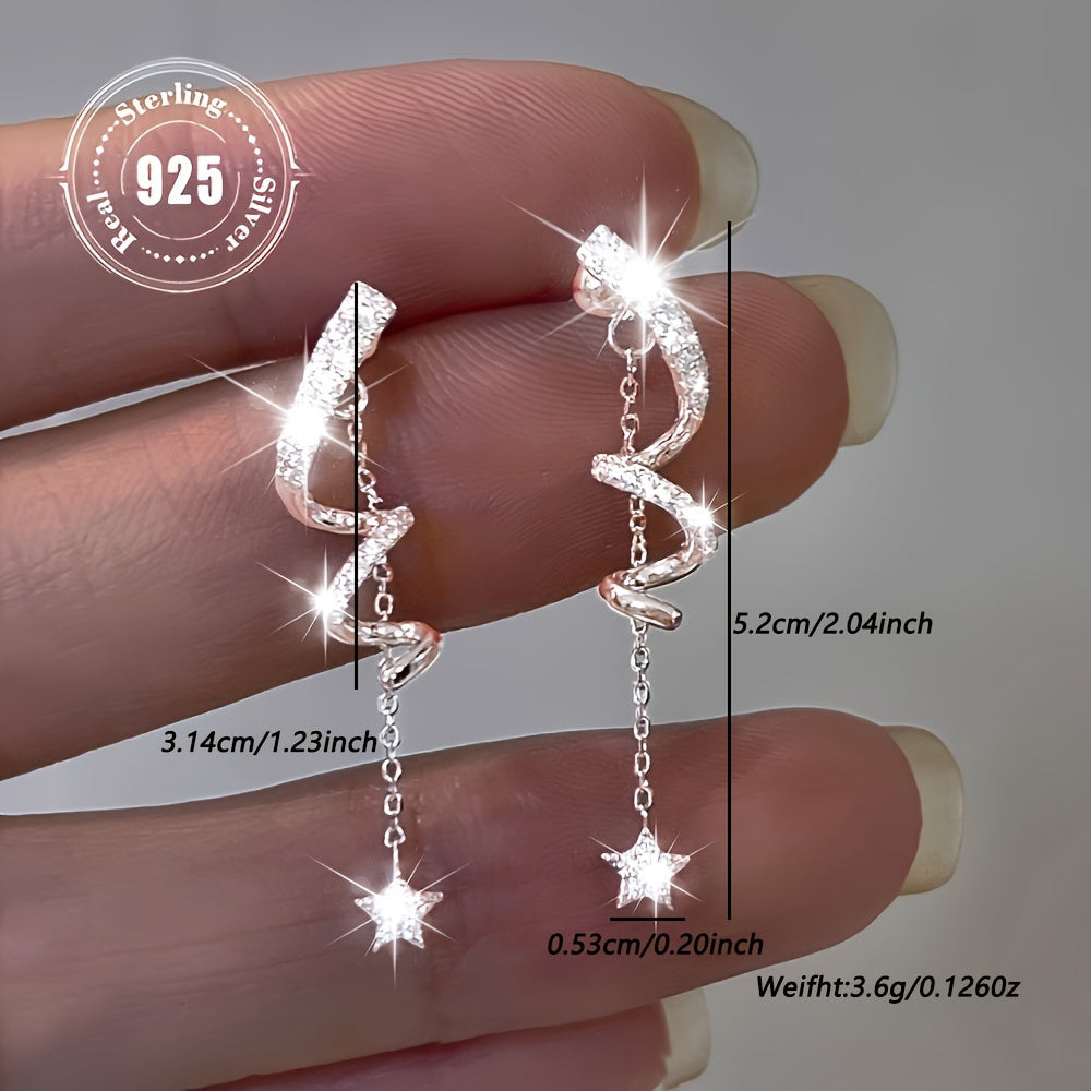 Unique 925 Sterling Silvery Star Shaped Tassel Pendant Earrings with Sparkling Zirconia - Perfect for Daily And Party Wear, Hypoallergenic, Innovative Earrings, Cute Style, Vacation Style