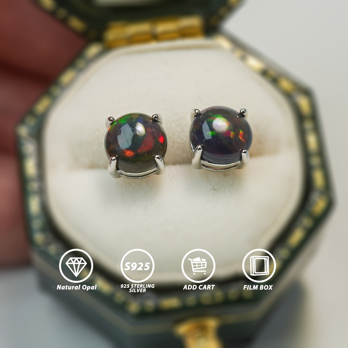 Natural Black Opal S925 Silver Earrings, 4-prong Inlay 0.24-inch Natural Black Opal, October Birthstone, Perfect for Everyday Accessories