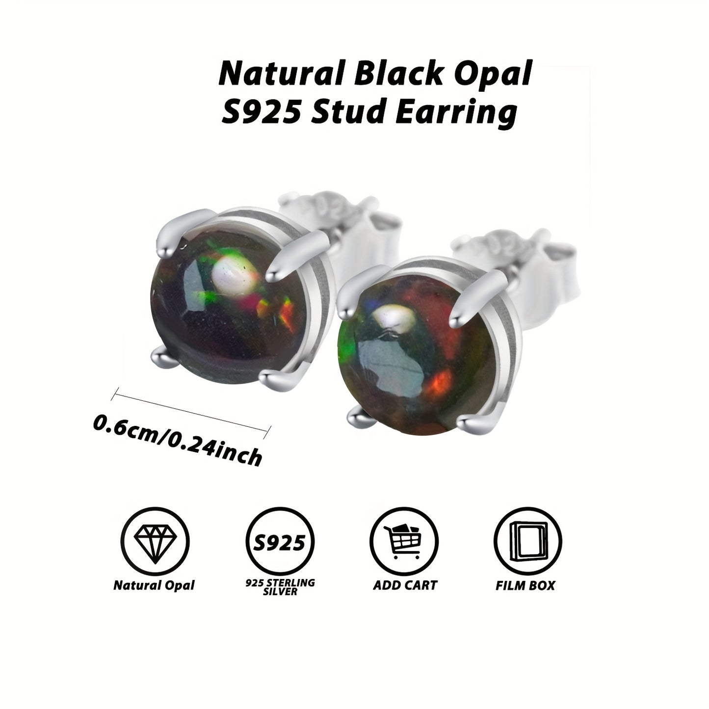 Natural Black Opal S925 Silver Earrings, 4-prong Inlay 0.24-inch Natural Black Opal, October Birthstone, Perfect for Everyday Accessories