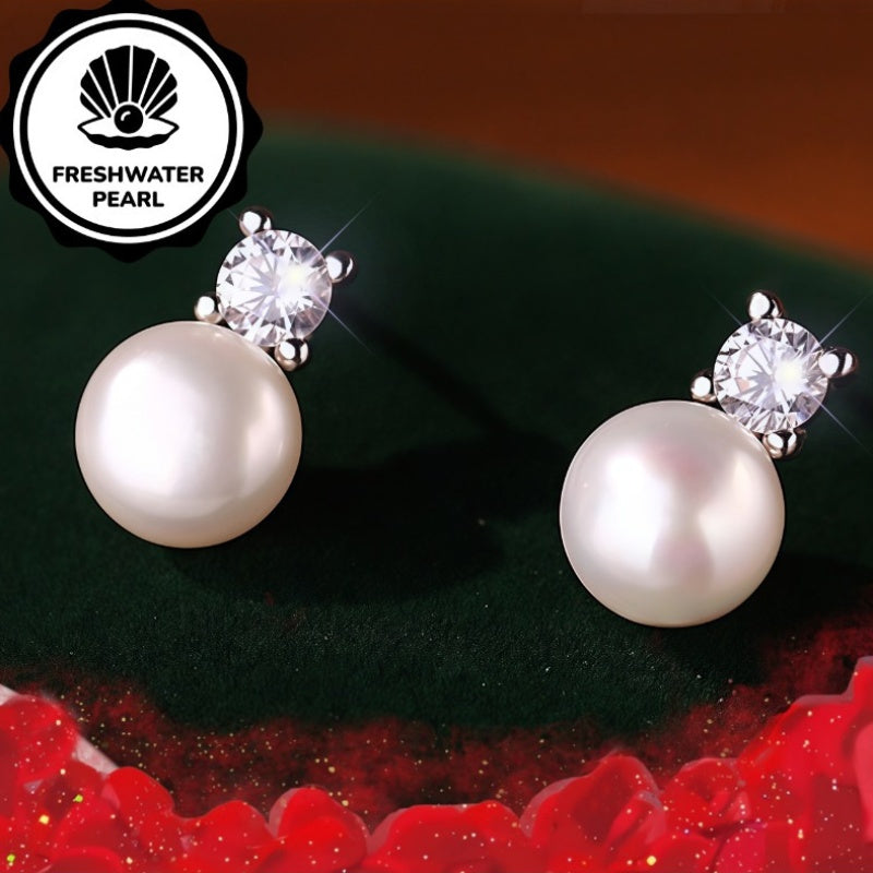 Simple French Rhinestone Freshwater Pearl Earrings, Retro Light Luxury Style, Suitable for All Seasons Gift, Christmas Matching and Gifting