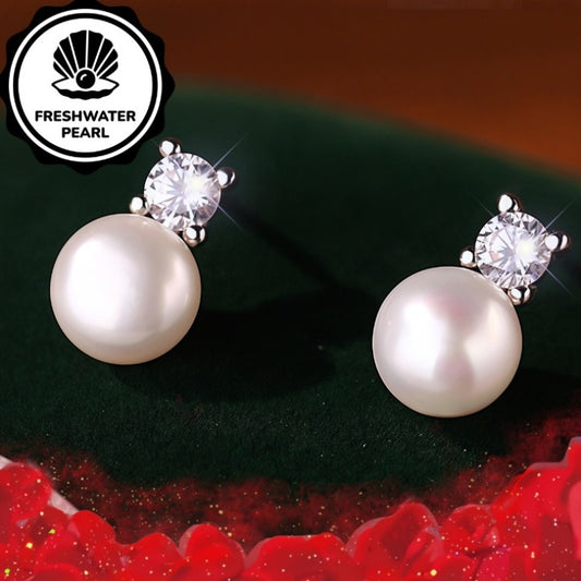Simple French Rhinestone Freshwater Pearl Earrings, Retro Light Luxury Style, Suitable for All Seasons Gift, Christmas Matching and Gifting