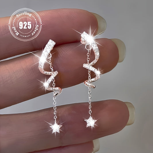 Unique 925 Sterling Silvery Star Shaped Tassel Pendant Earrings with Sparkling Zirconia - Perfect for Daily And Party Wear, Hypoallergenic, Innovative Earrings, Cute Style, Vacation Style