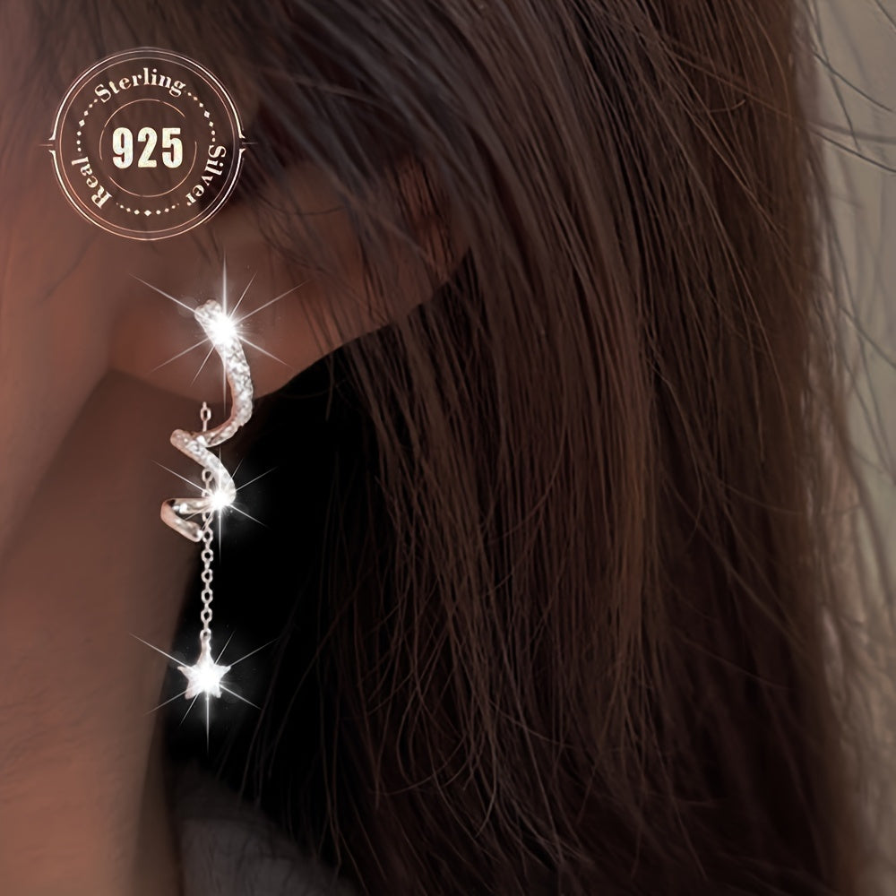 Unique 925 Sterling Silvery Star Shaped Tassel Pendant Earrings with Sparkling Zirconia - Perfect for Daily And Party Wear, Hypoallergenic, Innovative Earrings, Cute Style, Vacation Style