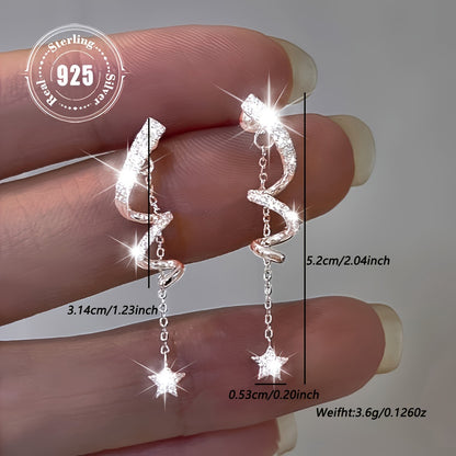 Unique 925 Sterling Silvery Star Shaped Tassel Pendant Earrings with Sparkling Zirconia - Perfect for Daily And Party Wear, Hypoallergenic, Innovative Earrings, Cute Style, Vacation Style