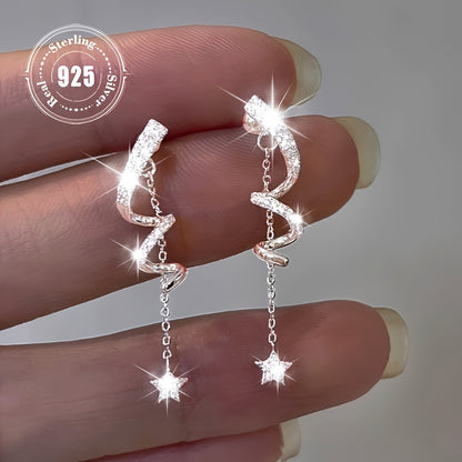 Unique 925 Sterling Silvery Star Shaped Tassel Pendant Earrings with Sparkling Zirconia - Perfect for Daily And Party Wear, Hypoallergenic, Innovative Earrings, Cute Style, Vacation Style