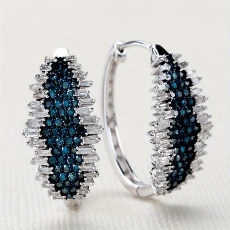 Elegant Vintage Boho Hoop Earrings with Square Synthetic Zirconia Wrap and Blue Cubic Zirconia Accents, 925 Silver Plated Copper, Perfect for Christmas, Daily Wear and Special Occasions - Gift-Ready
