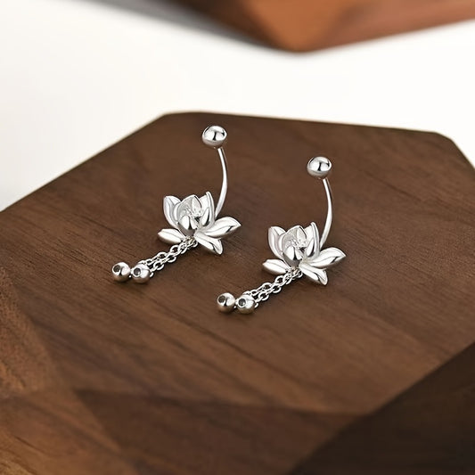 Pair of Elegant S925 Sterling Silver for Lotus Tassel Earrings - Retro Floral Design, Hypoallergenic, Perfect for Daily Wear and Gatherings