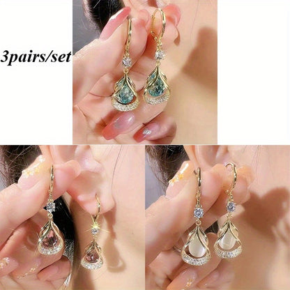 3 Pairs/ Set of Luxurious Cat Eye Stone Geometric Earrings, Water Droplet Earrings, Earring Buckle Earrings - Suitable for Daily Wear And Gift Giving