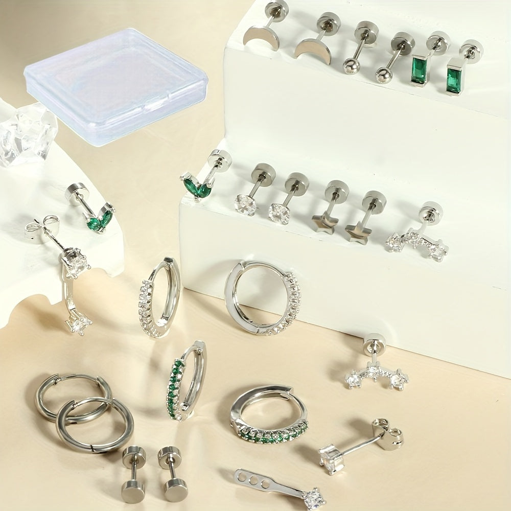 24pcs Stainless Steel JunlowPY Earring Set - Hypoallergenic, Cubic Zirconia Accents, Cute & Sexy Heart Designs, Perfect for Daily Wear & Gifting