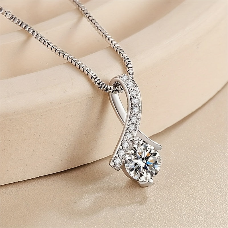 2pcs S925 Silver Stud Necklace Accessory Set, Slightly Set Synthetic Zirconia Fashion Earrings, Simple Necklace, Women's Fashion Pendant Accessory Set, Suitable for Daily Matching And As A Gift