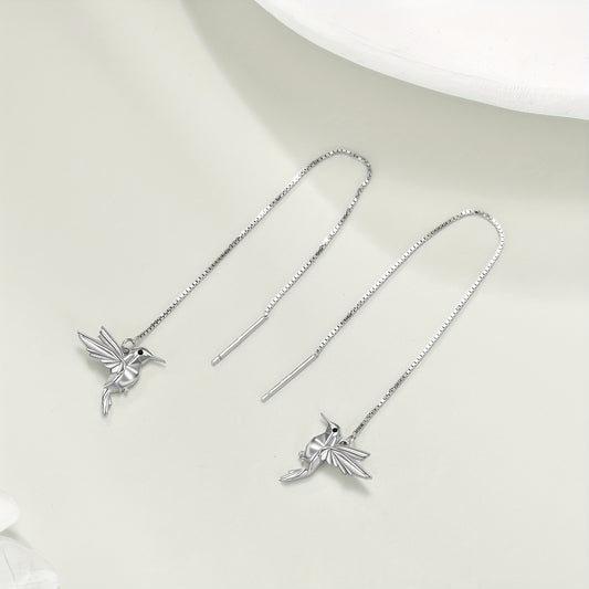 Hummingbird Pull Through Threader Earrings 925 Sterling Silvery Long Piercing Tassel Drop Dangle Ear Line Eardrop Earrings Origami Jewelry Birthday Gifts for Women