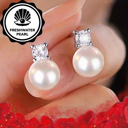 Simple French Rhinestone Freshwater Pearl Earrings, Retro Light Luxury Style, Suitable for All Seasons Gift, Christmas Matching and Gifting