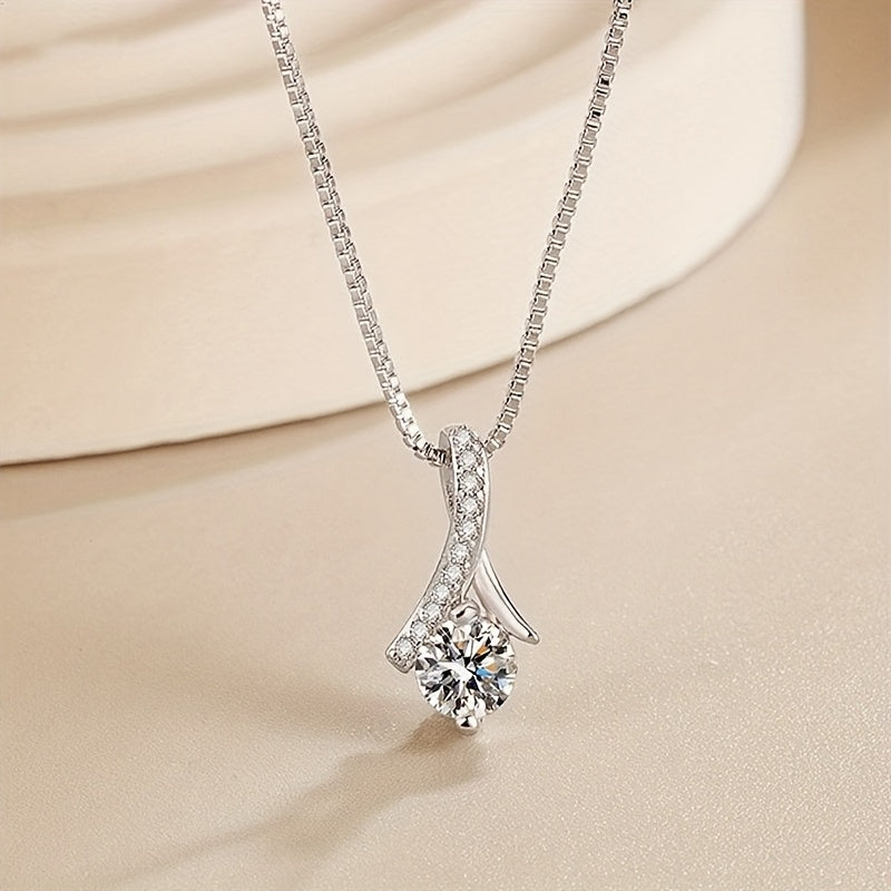 2pcs S925 Silver Stud Necklace Accessory Set, Slightly Set Synthetic Zirconia Fashion Earrings, Simple Necklace, Women's Fashion Pendant Accessory Set, Suitable for Daily Matching And As A Gift