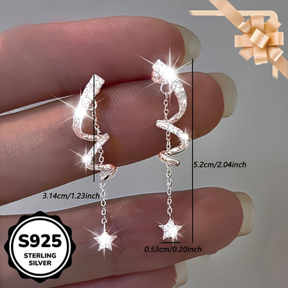 2pcs 925 Silver Star Tassel Drop Earrings with Sparkling Synthetic Zirconia - Hypoallergenic Cute Vacation Style for Daily Wear & Parties, Gift Preparation, Novelty Earrings, Jewelry for Vacation