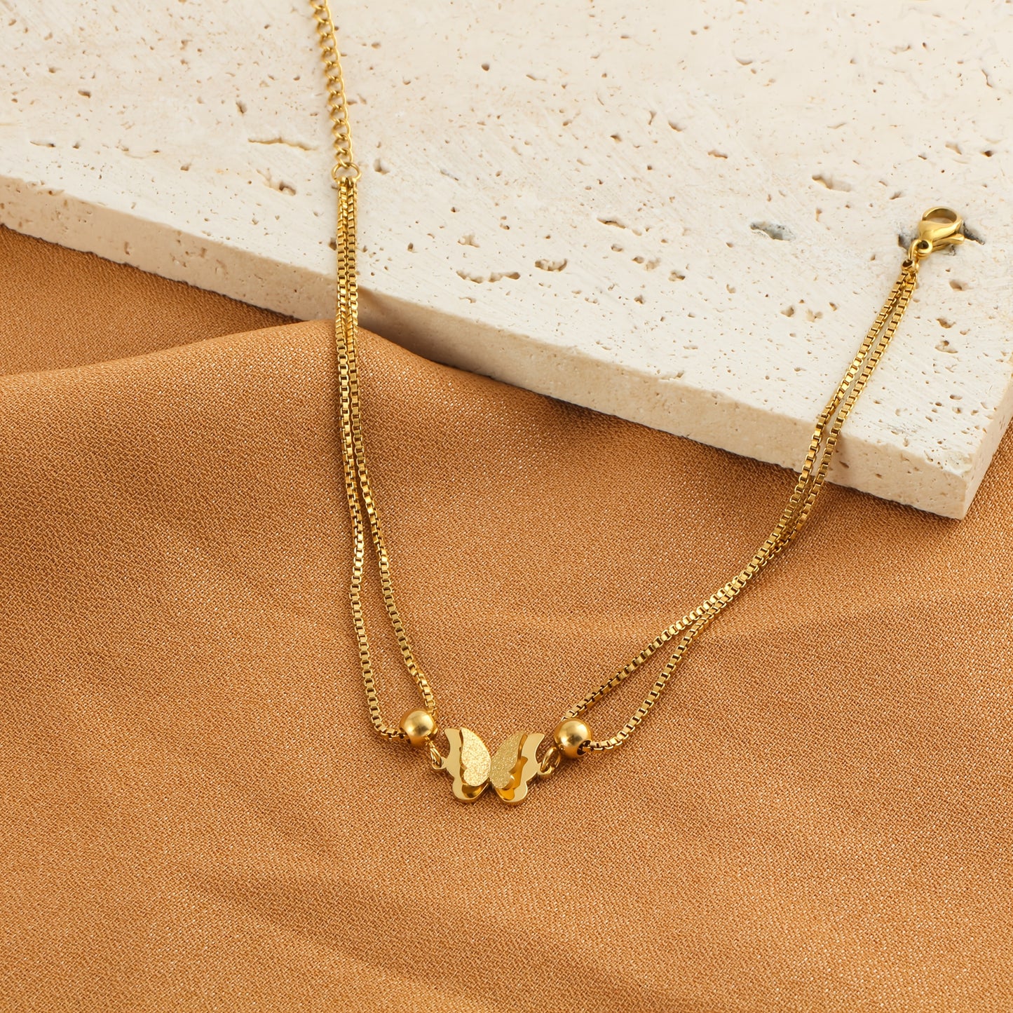 [Single Pack Ankle Chain] Golden Silvery Hypoallergenic Stainless Steel Single Pack Women's Fashion Ankle Chain | Double Layer Butterfly Decoration, Classic Stylish Design, Suitable for Daily Shopping or Parties