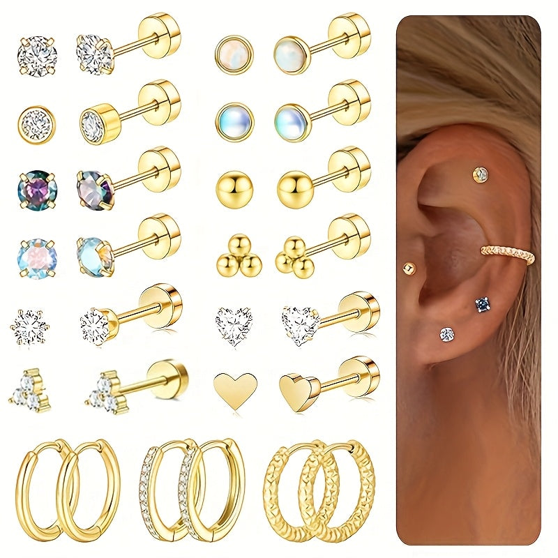Vintage Boho Style 12pcs Surgical Stainless Steel Earrings Set - Hypoallergenic Hoop & Stud with Synthetic Zirconia, CZ & Pearl Accents - Unisex Jewelry for Multiple Piercings, Daily & Gift Occasions, Valentine'S Day Suitable