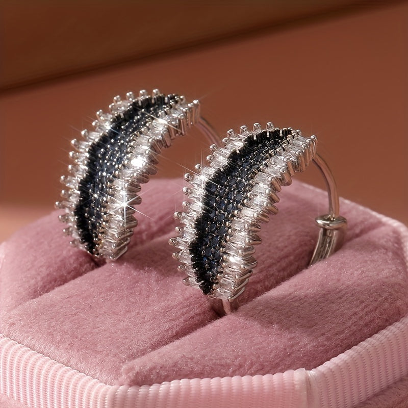 Elegant Vintage Boho Hoop Earrings with Square Synthetic Zirconia Wrap and Blue Cubic Zirconia Accents, 925 Silver Plated Copper, Perfect for Christmas, Daily Wear and Special Occasions - Gift-Ready