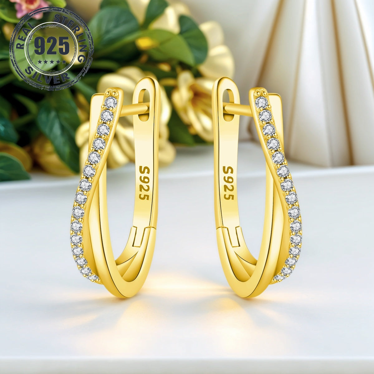 1 Pair S925 Sterling Silver 18K Golden Plated Hoop Earrings, Stone-Inlaid Twisted Line Design - Hypoallergenic, Elegant & Luxurious Women'S Jewelry for Daily Wear & Gifting, High-Quality Zirconia Inlay, Allergy-Free, Stylish Gift Earrings, Jewelry for