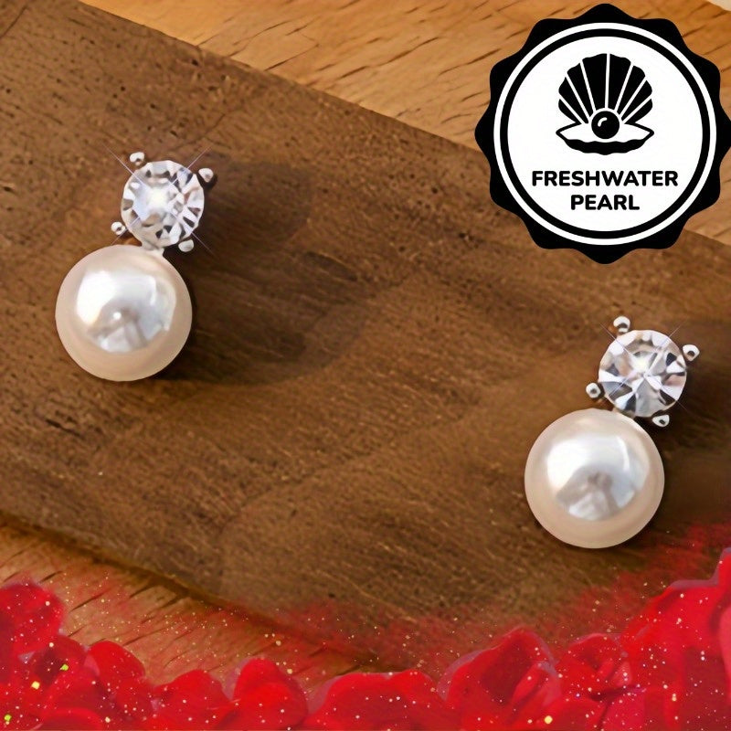 Simple French Rhinestone Freshwater Pearl Earrings, Retro Light Luxury Style, Suitable for All Seasons Gift, Christmas Matching and Gifting