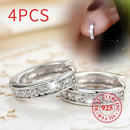 4pcs 925 Sterling Silver Hypoallergenic Ring Earrings with Zirconia Inlaid, Elegant and Luxurious Style, Suitable for Women Engagement Wedding Earrings