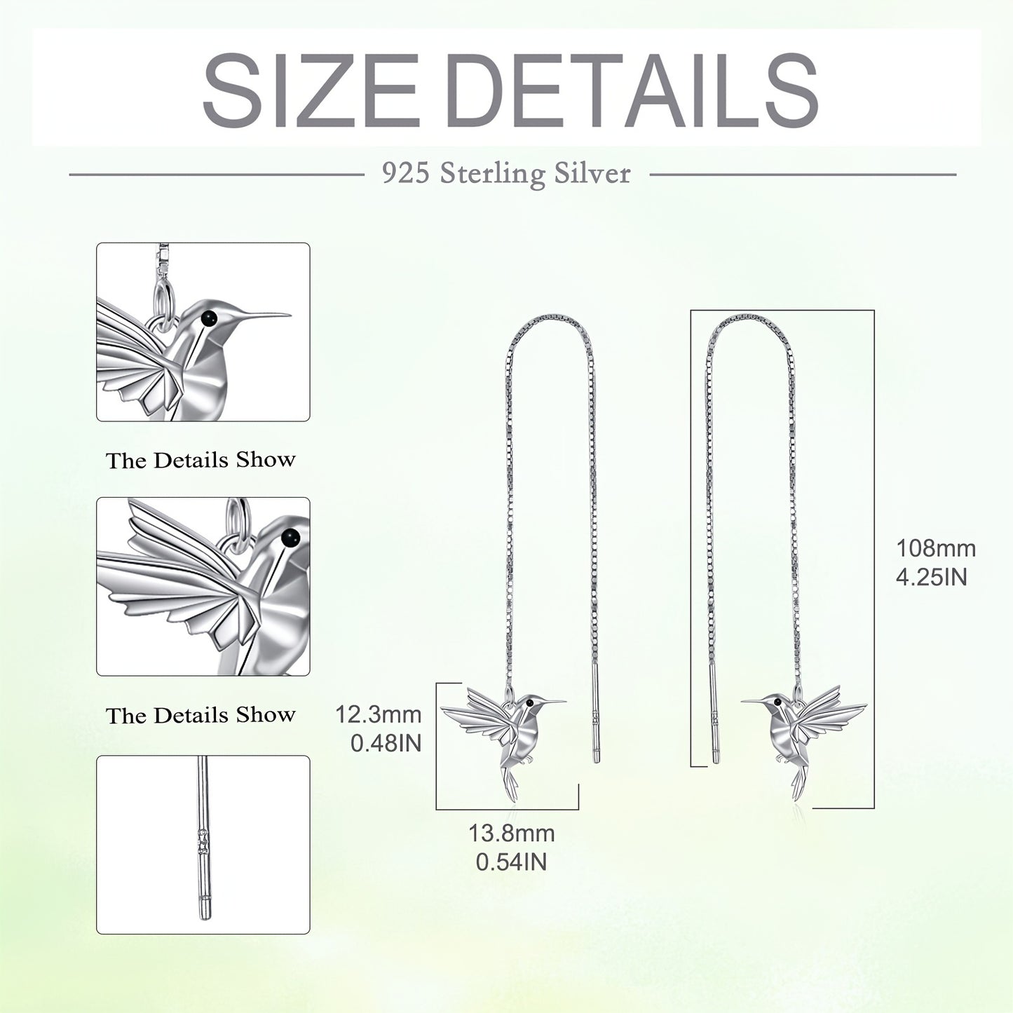 Hummingbird Pull Through Threader Earrings 925 Sterling Silvery Long Piercing Tassel Drop Dangle Ear Line Eardrop Earrings Origami Jewelry Birthday Gifts for Women