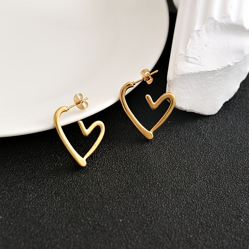 Elegant 18K Golden Plated Heart-Shaped Hoop Earrings - Hypoallergenic, Non-Fading, 304 Stainless Steel, 1 Pair for Women, Daily Wear & Christmas Gift