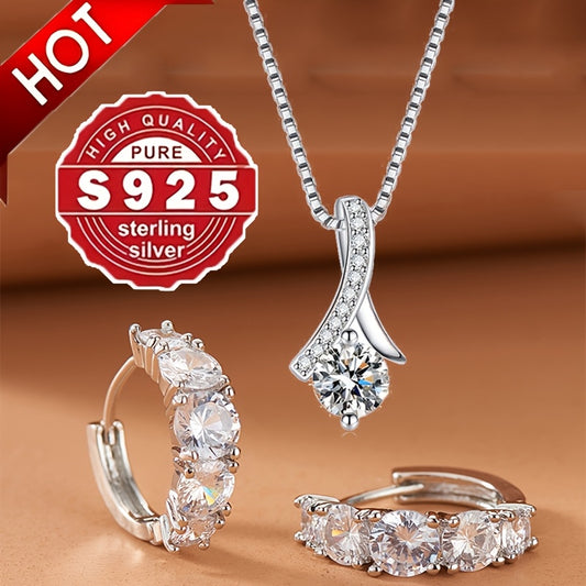 2pcs S925 Silver Stud Necklace Accessory Set, Slightly Set Synthetic Zirconia Fashion Earrings, Simple Necklace, Women's Fashion Pendant Accessory Set, Suitable for Daily Matching And As A Gift