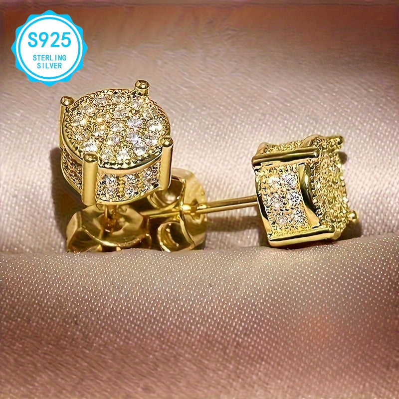 EJG - 2pcs Elegant Simple 925 Silver Earrings, Hypoallergenic, Nickel Free, With Square Moissanite, Suitable For Women, Party And Daily Decoration, 925 Silver Earrings, 2 Pairs Of Shiny Moissanite Earrings