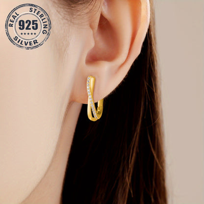 1 Pair S925 Sterling Silver 18K Golden Plated Hoop Earrings, Stone-Inlaid Twisted Line Design - Hypoallergenic, Elegant & Luxurious Women'S Jewelry for Daily Wear & Gifting, High-Quality Zirconia Inlay, Allergy-Free, Stylish Gift Earrings, Jewelry for