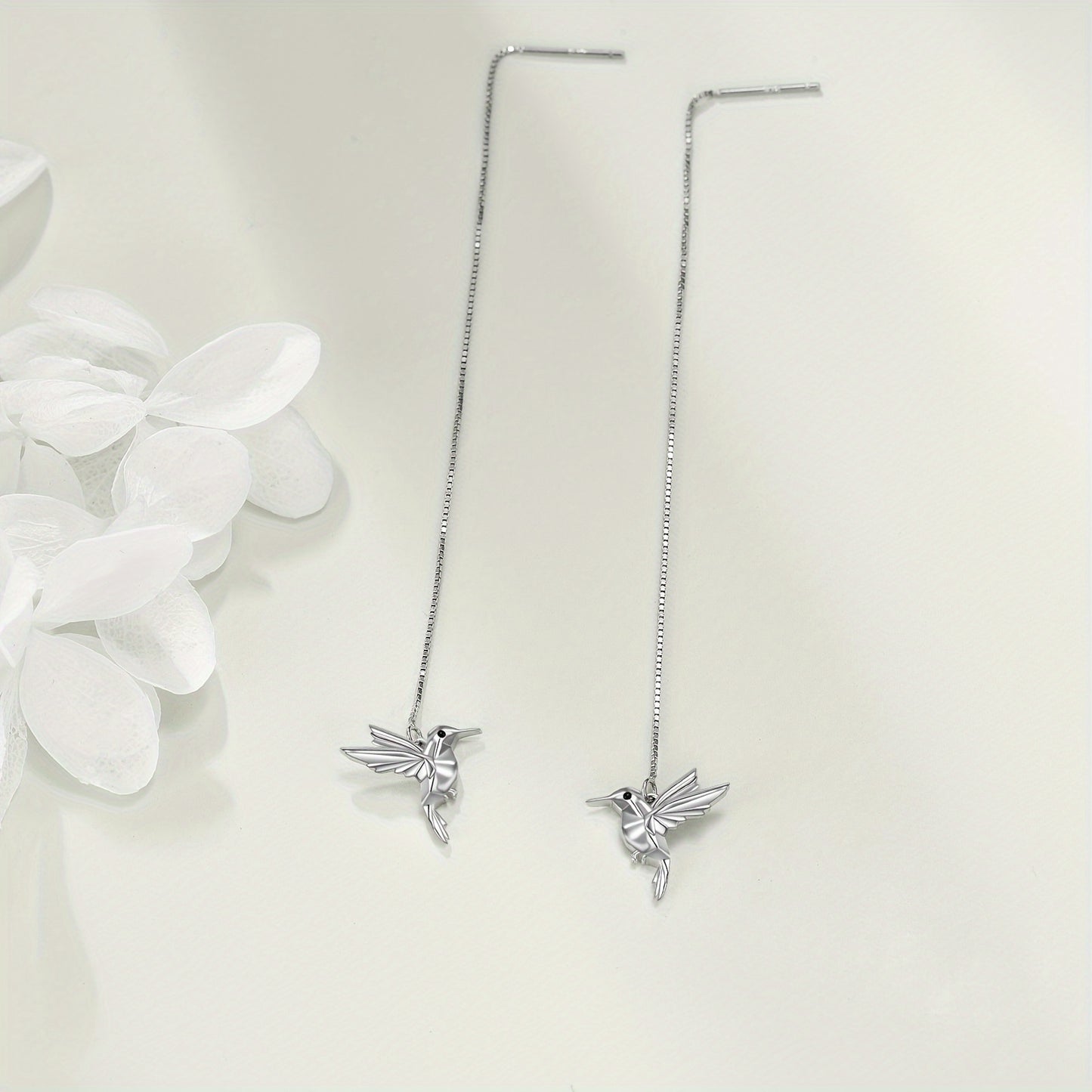 Hummingbird Pull Through Threader Earrings 925 Sterling Silvery Long Piercing Tassel Drop Dangle Ear Line Eardrop Earrings Origami Jewelry Birthday Gifts for Women