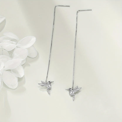 Hummingbird Pull Through Threader Earrings 925 Sterling Silvery Long Piercing Tassel Drop Dangle Ear Line Eardrop Earrings Origami Jewelry Birthday Gifts for Women
