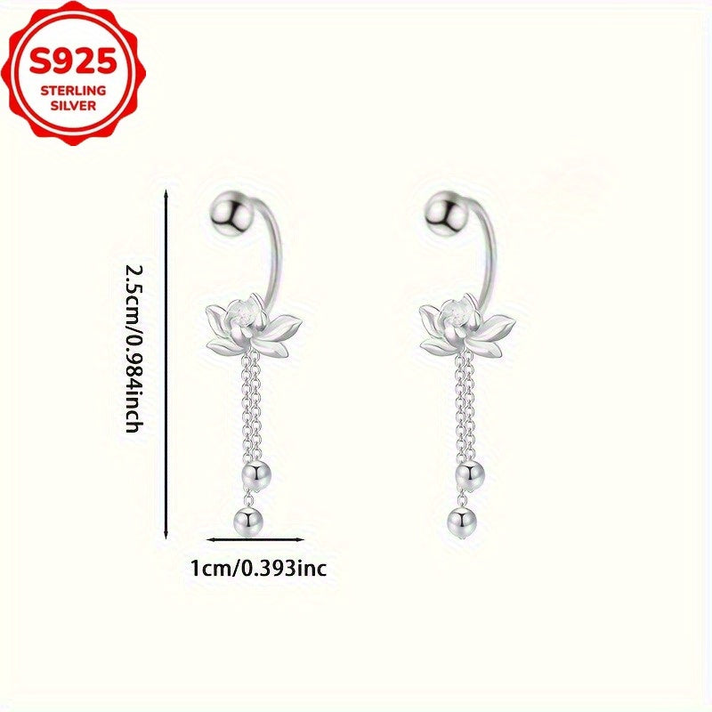 Pair of Elegant S925 Sterling Silver for Lotus Tassel Earrings - Retro Floral Design, Hypoallergenic, Perfect for Daily Wear and Gatherings