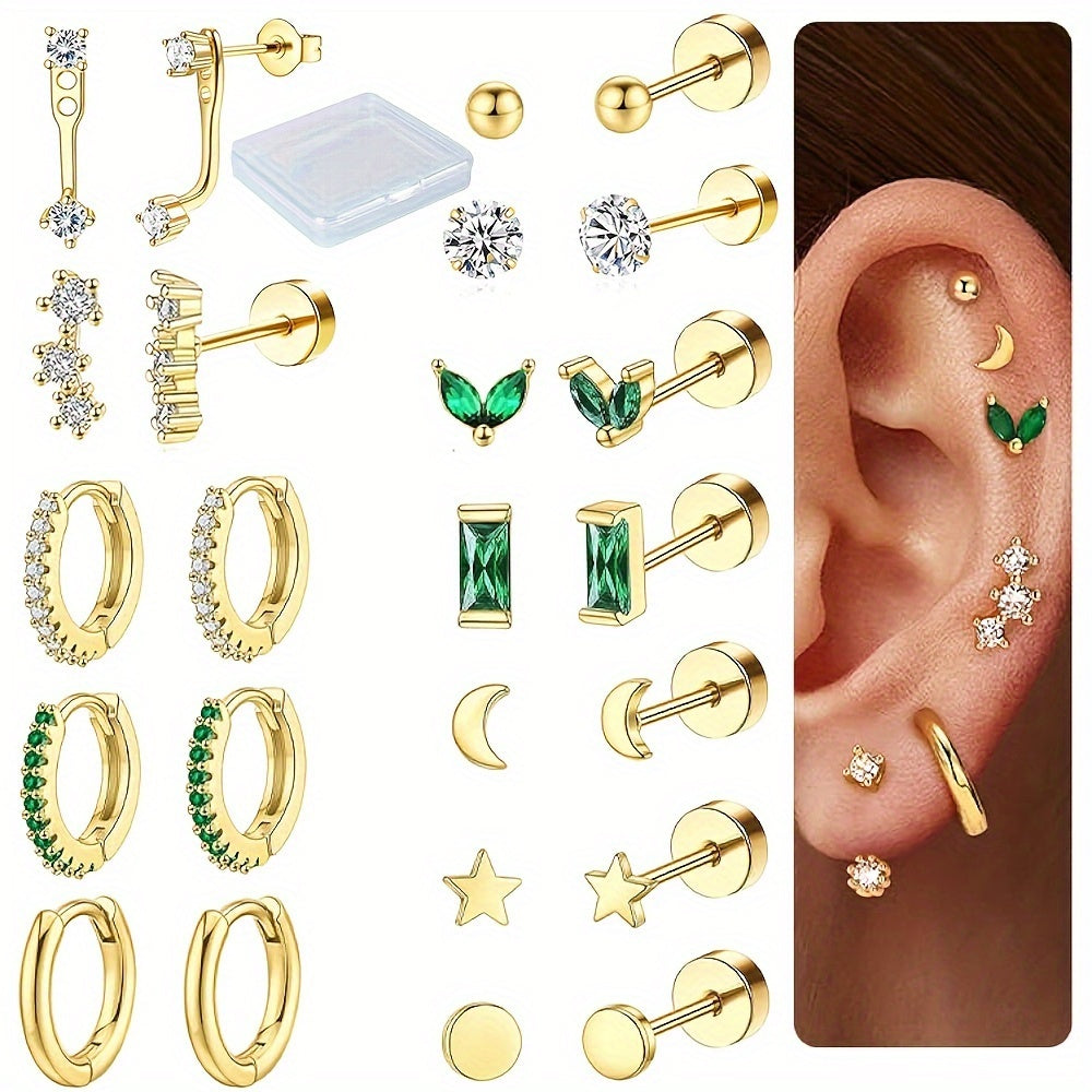 24pcs Stainless Steel JunlowPY Earring Set - Hypoallergenic, Cubic Zirconia Accents, Cute & Sexy Heart Designs, Perfect for Daily Wear & Gifting