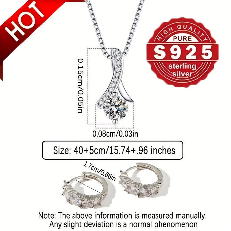 2pcs S925 Silver Stud Necklace Accessory Set, Slightly Set Synthetic Zirconia Fashion Earrings, Simple Necklace, Women's Fashion Pendant Accessory Set, Suitable for Daily Matching And As A Gift