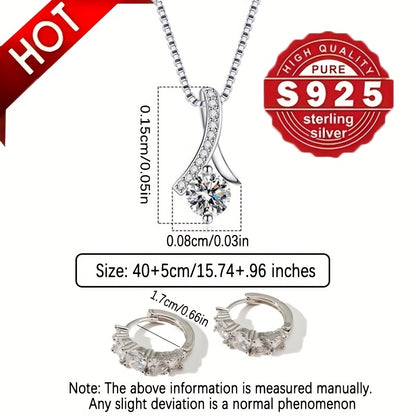 2pcs S925 Silver Stud Necklace Accessory Set, Slightly Set Synthetic Zirconia Fashion Earrings, Simple Necklace, Women's Fashion Pendant Accessory Set, Suitable for Daily Matching And As A Gift