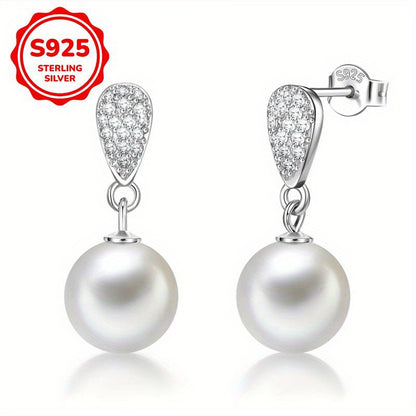 1 Pair of Women's Dangling Earrings with S925 Sterling Silvery Inlaid Faux Imitation Pearl Pendant, Elegant Wedding Party Jewelry Gift