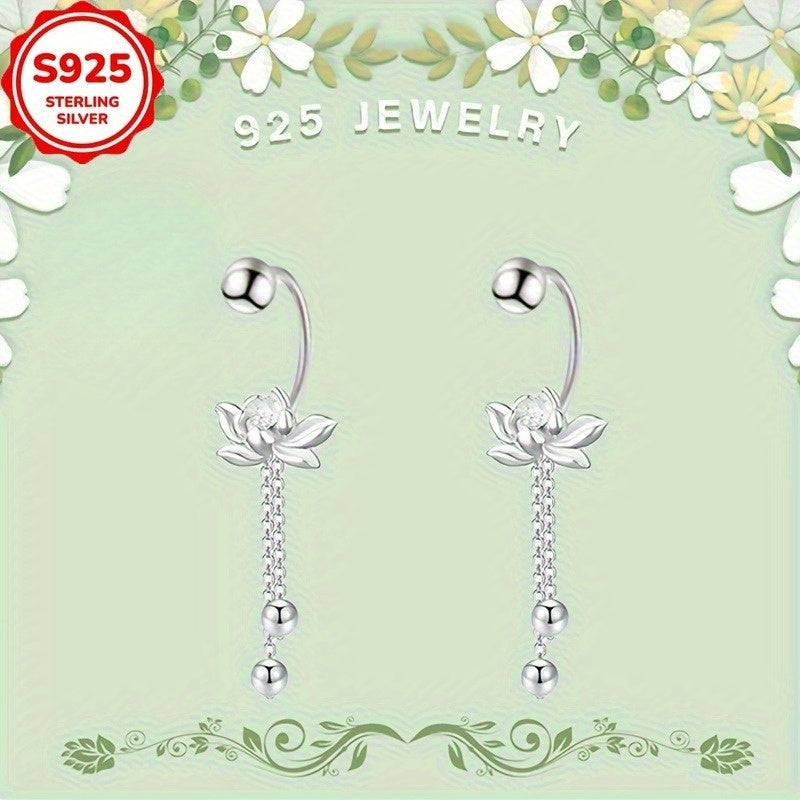 Pair of Elegant S925 Sterling Silver for Lotus Tassel Earrings - Retro Floral Design, Hypoallergenic, Perfect for Daily Wear and Gatherings