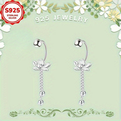 Pair of Elegant S925 Sterling Silver for Lotus Tassel Earrings - Retro Floral Design, Hypoallergenic, Perfect for Daily Wear and Gatherings