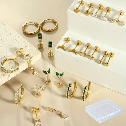 24pcs Stainless Steel JunlowPY Earring Set - Hypoallergenic, Cubic Zirconia Accents, Cute & Sexy Heart Designs, Perfect for Daily Wear & Gifting