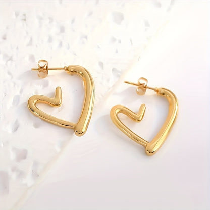 Elegant 18K Golden Plated Heart-Shaped Hoop Earrings - Hypoallergenic, Non-Fading, 304 Stainless Steel, 1 Pair for Women, Daily Wear & Christmas Gift