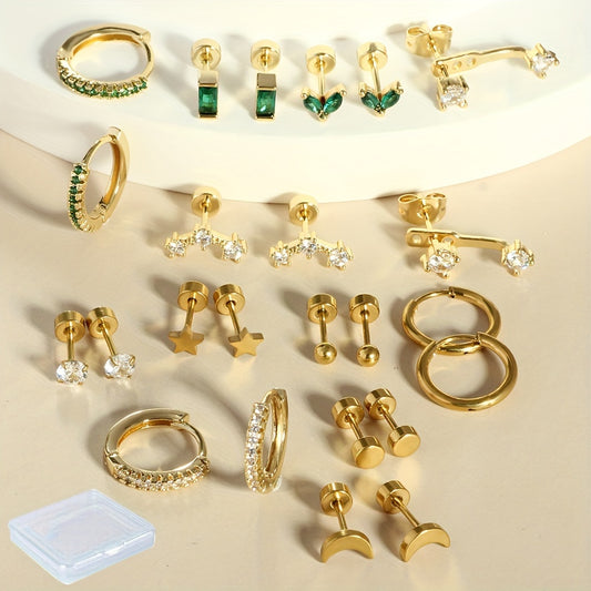 24pcs Stainless Steel JunlowPY Earring Set - Hypoallergenic, Cubic Zirconia Accents, Cute & Sexy Heart Designs, Perfect for Daily Wear & Gifting