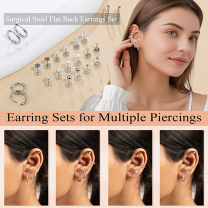 Vintage Boho Style 12pcs Surgical Stainless Steel Earrings Set - Hypoallergenic Hoop & Stud with Synthetic Zirconia, CZ & Pearl Accents - Unisex Jewelry for Multiple Piercings, Daily & Gift Occasions, Valentine'S Day Suitable