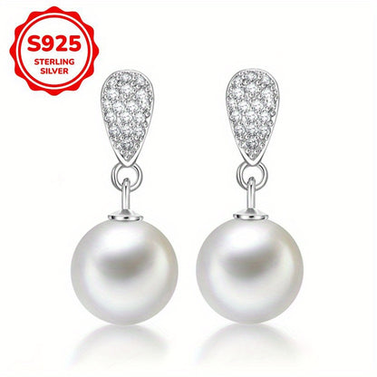 1 Pair of Women's Dangling Earrings with S925 Sterling Silvery Inlaid Faux Imitation Pearl Pendant, Elegant Wedding Party Jewelry Gift