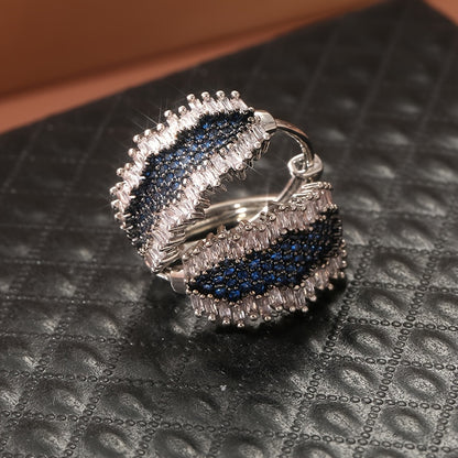 Elegant Vintage Boho Hoop Earrings with Square Synthetic Zirconia Wrap and Blue Cubic Zirconia Accents, 925 Silver Plated Copper, Perfect for Christmas, Daily Wear and Special Occasions - Gift-Ready