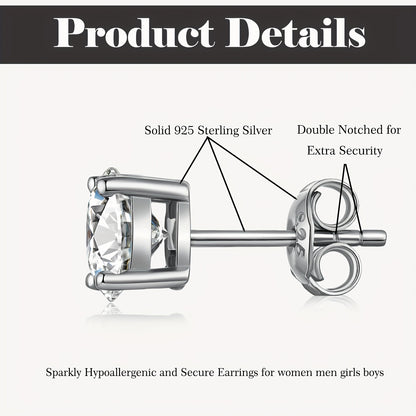 EJG 2 Pairs 1-4 Carat Moissanite Four Prong Earrings, 925 Sterling Silver, D Color VVS1 Round Cut Earrings, Fine Jewelry Gifts for Men and Women, Couple Gifts, Mother'S Day Gifts