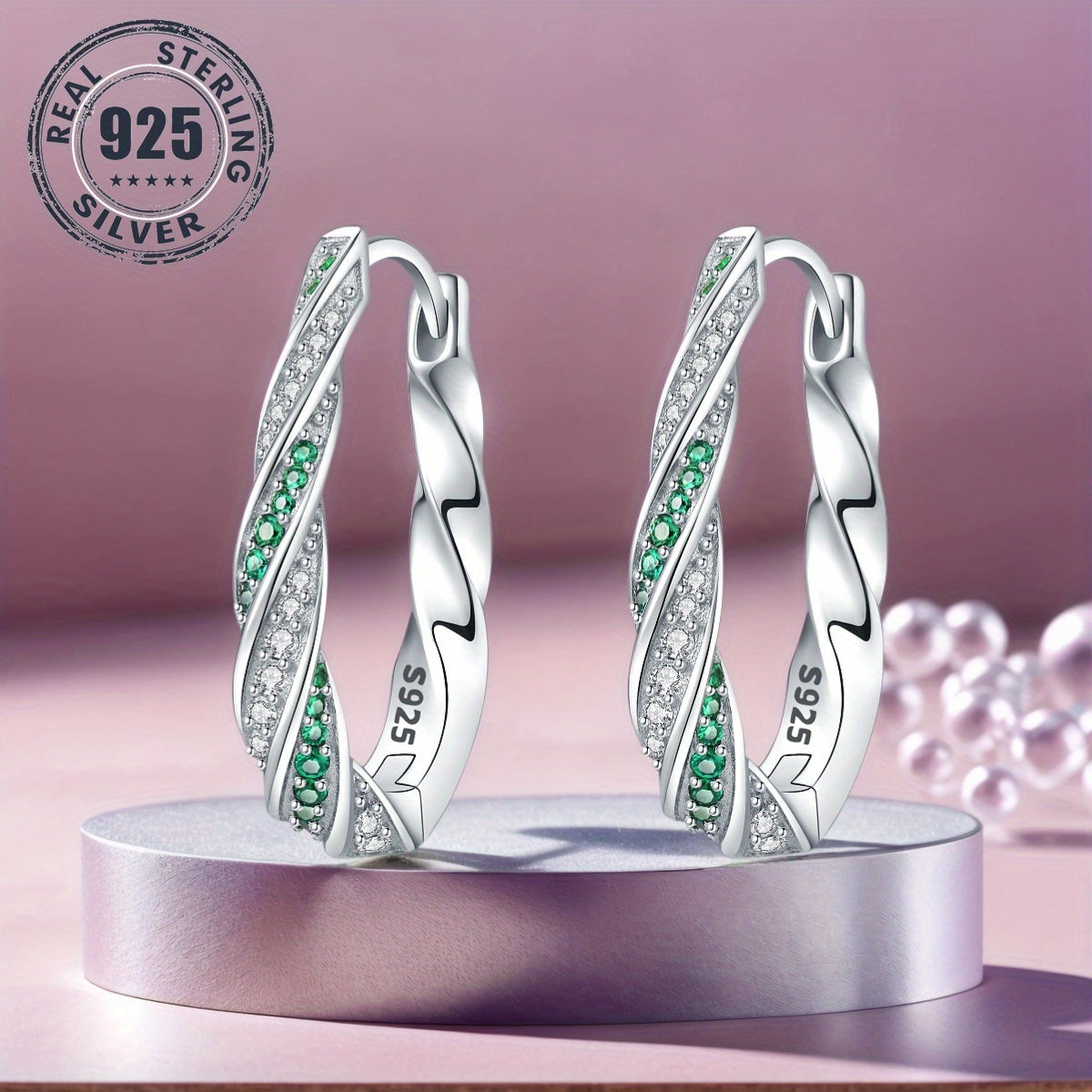 1 Pair S925 Sterling Silver Hoop Earrings, Green Twisted Design, Hypoallergenic, High-Quality Jewelry for Women, Perfect for Daily Wear or Gifting, Daily Wear Earrings | Twisted Hoop Earrings | Hypoallergenic Earrings