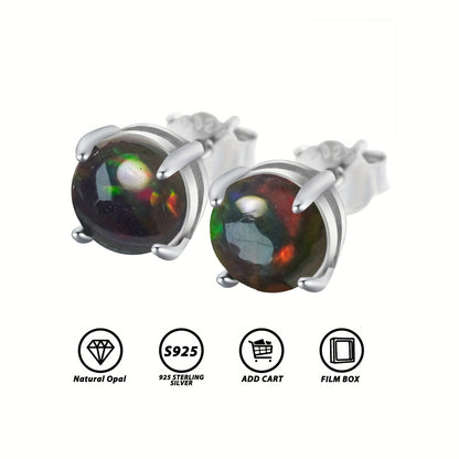 Natural Black Opal S925 Silver Earrings, 4-prong Inlay 0.24-inch Natural Black Opal, October Birthstone, Perfect for Everyday Accessories