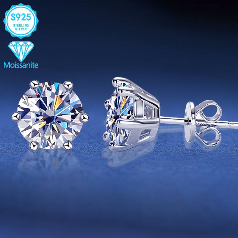 [2pcs EJG Moissanite Earrings] 2pcs EJG 925 Sterling Silver Elegant Women's Moissanite Earrings, 1 Carat/2 Carat, Hypoallergenic, Nickel Free, Vintage Style | Suitable for Daily Party Wear, Best Gift for Friends On Holidays, Birthday Gift