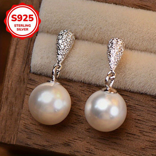 1 Pair of Women's Dangling Earrings with S925 Sterling Silvery Inlaid Faux Imitation Pearl Pendant, Elegant Wedding Party Jewelry Gift